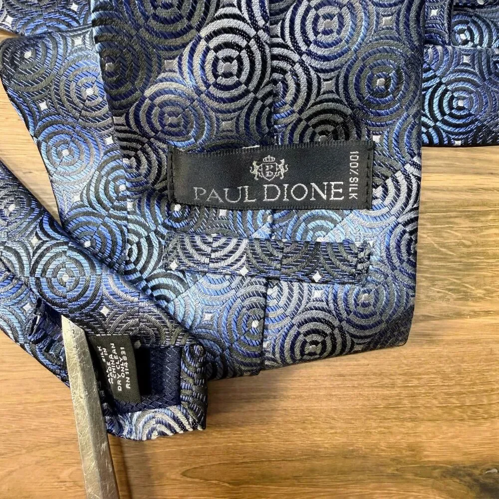 VTG Paul Dione Tie Blue Black Geometric Circle Print Silk Necktie